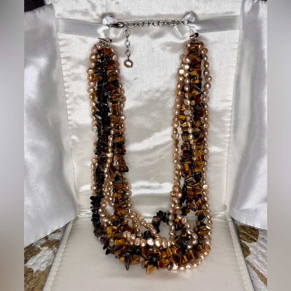 Ross-Simons Vintage Tiger Eye, Pearl, and Smoky Quartz Multistrand Necklace